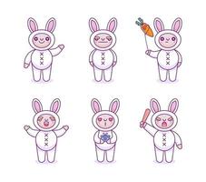uppsättning av söt pojke i kanin kostym maskot karaktär. illustration för t skjorta, affisch, logotyp, klistermärke, eller kläder handelsvaror. söt och mjuk pop- stil. vektor