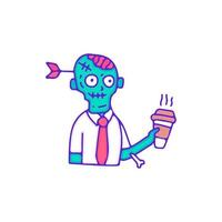 Arbeiter Zombie trinken Tasse Kaffee, Illustration für T-Shirt, Aufkleber oder Bekleidungswaren. mit Doodle-, Retro- und Cartoon-Stil. vektor