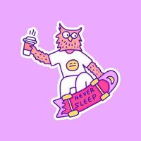 Häftigt Uggla med kaffe freestyle med skateboard illustration, med gammal stil 90s tecknad serie ritningar. konstverk för gata ha på sig, t skjorta, lapptäcken. vektor