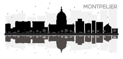 montpelier city skyline schwarz-weiße silhouette mit reflexionen. vektor