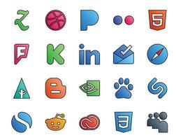 20 Social Media Icon Pack inklusive Reddit Shazam Inbox Baidu Blogger vektor