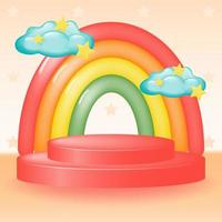 Rundes rosa 3D-Podium mit einem Cartoon-Regenbogen, Wolken und Sternen auf beigem Hintergrund. farbiger Hintergrund mit Sockel und Regenbogen. Vektor-Illustration. vektor