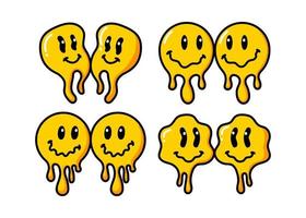 Vintage Illustration des schmelzenden Lächelns. retro psychedelisches Schmelz-Lächeln-Gesichtslogo. tropfendes Lächeln. gute Laune. positiver Emoji-Aufkleber. Vektor grooviges Emoji-Gesicht.