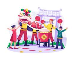 Kinder feiern das chinesische Neujahrsfest mit Löwentanzkünstlern in der Nähe des Tempeltors mit hängenden Laternen. vektorillustration im flachen stil vektor