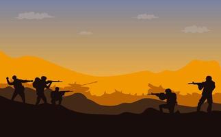 krig militär vektor illustration, soldat bakgrund, soldat silhuett, artilleri, kavalleri, tank.