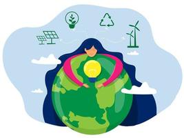 värld jord dag natur älskare, ekologi vänlig livsstil , flicka fattande de planet jord med grön eco energi miljö- skydd begrepp , platt vektor illustration.