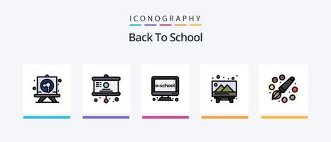 Zurück zur Schullinie gefülltes 5-Icon-Paket inklusive Präsentation. Diagramm. Schläger. Planke. Bildung. kreatives Symboldesign vektor