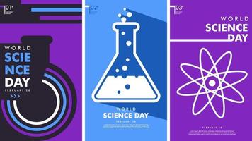 Plakat zum Weltwissenschaftstag. satz von 3 minimalistischen einfachen hintergrundvektorillustration flachen stil. vektor
