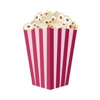popcorn isolerat på en vit bakgrund. en platt stil film teater ikon. en ljus mellanmål. en stor röd och vit randig låda. vektor illustration