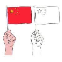 die flagge von china ist in der hand eines mannes in farbe und schwarz-weiß. das Konzept des Patriotismus. vektor