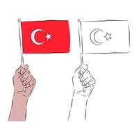 die flagge der türkei ist in der hand eines mannes in farbe und schwarz-weiß. das Konzept des Patriotismus. vektor