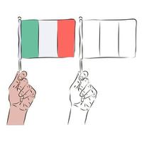 die flagge von italien ist in der hand eines mannes in farbe und schwarz-weiß. das konzept des italienischen patriotismus. vektor