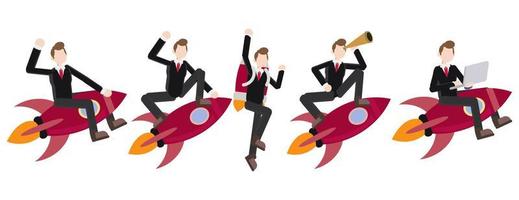 affärsman på raket flygande uppsättning illustration, börja framsteg tillväxt företag lyft begrepp vektor