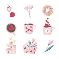 hjärtans dag blek rosa platt illustration uppsättning ljus, kaffe, munk, blommor, kuvert, jordgubbe, klubba vektor