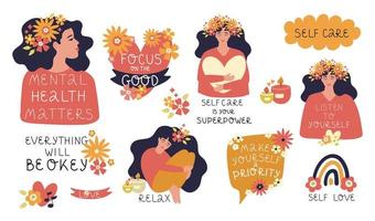 uppsättning av vektor illustrationer. psykologisk hälsa. själv vård idéer. de flicka med blommor hävdar henne emotionell hälsa. annorlunda positiv och motiverande hand text.