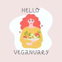 Hej vegetabiliskt - handskriven inskrift tillägnad till veganism i de månad av januari. Lycklig flicka med en skål av färsk grönsaker. vektor illustration.