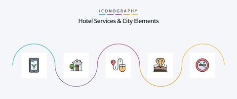 hotell tjänster och stad element linje fylld platt 5 ikon packa Inklusive rökning. hotell. mus. juvel. lysande vektor