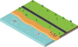 isometrische szene der radwegspurstraße und des sandstrandes vektor