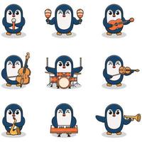 vektorillustration des niedlichen pinguins, der musikinstrumente spielt. satz niedlicher pinguinfiguren. karikaturtierspielmusik. Tiere Musiker. vektor