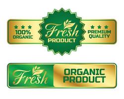 färsk produkt organisk naturlig ört- bricka logotyp vektor med grön och guld Färg för produkt märka