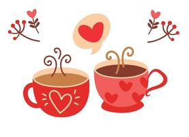 kärlek te. två koppar med varm dryck. koppar med hjärtan, grenar. hälsning kort vektor