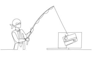 karikatur des geschäftsmannes als cyberdiebhacker versuchen, das kreditkartenkonzept des phishings zu bekommen. einzeiliger Kunststil vektor
