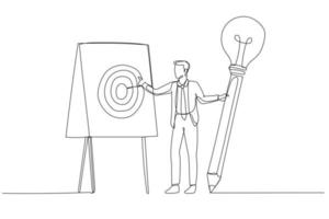 Illustration eines Geschäftsmannes, der einen Glühbirnen-Ideenstift hält, um ein Geschäftsplankonzept der Strategie zu schreiben. Einzeiliger Kunststil vektor