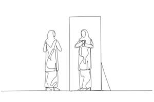 Zeichnung einer Frau, die Hijab trägt und sich zur Arbeit fertig macht. einzeiliger Kunststil vektor
