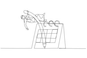 teckning av affärskvinna använder sig av penna Pol valv Hoppar över kalender begrepp av flexibel arbete. enda kontinuerlig linje konst stil vektor