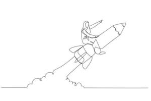 tecknad serie av muslim kvinna ridning penna raket flygande i de himmel begrepp av utbildning. enda linje konst stil vektor