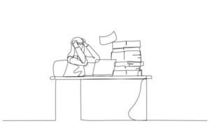 karikatur eines arabischen mannes, der frustriert auf einem beschäftigten schreibtisch im büro sitzt konzept der überwältigung. fortlaufende Strichzeichnungen vektor