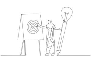 Zeichnung einer muslimischen Frau, die einen Glühbirnen-Ideenstift hält, um ein Geschäftsplankonzept der Strategie zu schreiben. Kunst im Stil einer Linie vektor