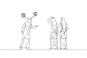 teckning av muslim kvinna skaffa sig arg till lugna medarbetare liknelse av svår människor. enda kontinuerlig linje konst stil vektor