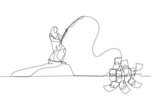 karikatur der muslimischen frau, die geld konzept des strebens nach gewinn fischt. Kunststil mit einer durchgehenden Linie vektor