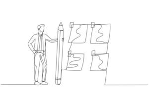 illustration des geschäftsmannes mit bleistift sortieren haftnotizen konzept der priorisierung der arbeit. einzelne fortlaufende Strichzeichnungen vektor