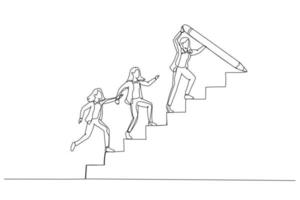 zeichnung der geschäftsfrau treppe mit bleistift zeichnen, um das team zu führen, das das führungsteamkonzept des wachstums hinaufführt. einzeiliger Kunststil vektor