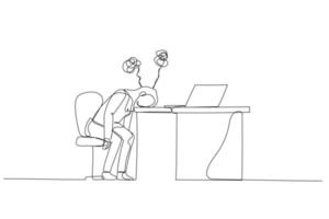 Karikatur einer Geschäftsfrau, die müde den Kopf auf einen Stuhl legt und müde und gestresst aussieht. Einzeiliger Kunststil vektor