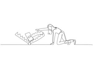 Karikatur einer Geschäftsfrau, die in eine Geldfalle kriecht. einzeiliger Kunststil vektor