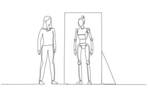 Zeichnung einer Geschäftsfrau, die in den Spiegel schaut und eine Roboterversion des Selbstkonzepts der künstlichen Intelligenz sieht. ein Kunststil mit durchgehender Linie vektor