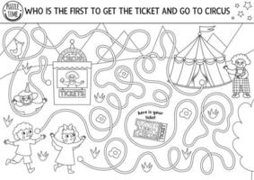 Zirkus-Schwarz-Weiß-Labyrinth für Kinder mit Jungen, Mädchen, Ticket. Vergnügungsshow-Linie Vorschulaktivität zum Ausdrucken mit Clown, Festzelt. unterhaltungswettbewerb labyrinth malseite vektor