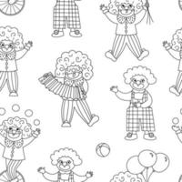 Vektor schwarz-weiß Musterdesign mit Clowns. Linienzirkuskünstler wiederholen den Hintergrund. Vergnügungsurlaub digitales Papier oder Malseite. süße lustige festival- oder straßenshow-komiker-textur