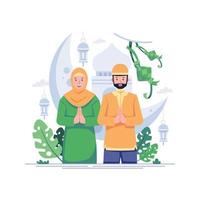 ramadan kareem illustration, livsstil av muslim människor i tecknad serie karaktär stil, platt illustration grafisk design vektor
