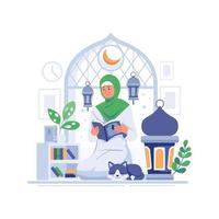 ramadan kareem illustration, lebensstil muslimischer menschen im zeichentrickfigurenstil, flaches illustrationsgrafikdesign vektor