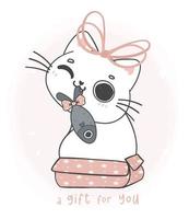 niedliche, entzückende, glückliche, weiße Kätzchenkatze in rosa Geschenkbox mit Fisch, ein Geschenk für Sie, niedlicher Cartoon-Tier-Haustier-Handzeichnungsvektor vektor