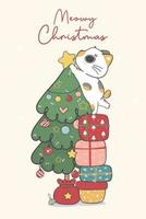 söt stygg kalikå kattunge katt dekorera en jul tall träd, glad kattmas, tecknad serie djur- karaktär hand teckning klotter vektor aning för hälsning kort