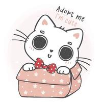 süße entzückende weiße kätzchenkatze trägt rote schleife in rosa box mit bitte augen, adoptiere mich, ich bin süß. niedlicher karikaturtierhaustierhandzeichnungsvektor vektor