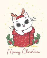 niedliches freches weißes kätzchen katzenweihnachten auf roter geschenkbox, meowy weihnachten, entzückender freudiger karikaturtierhandzeichnungsvektor vektor