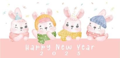 Süße rosa Hase Winterschal Party Aquarell Illustration Vektor Handzeichnung, frohes neues Jahr 2023