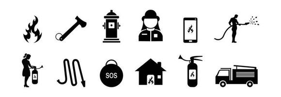 Feuerwehrmann-Icon-Set, Feuerwehrzeichen oder Symbol, Vektorillustration auf weißem und schwarzem Hintergrund. vektor