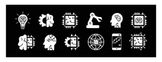 Symbole für künstliche Intelligenz festgelegt. Robotersatz der Vektorgrafik der künstlichen Intelligenz auf schwarzem Hintergrund. vektor